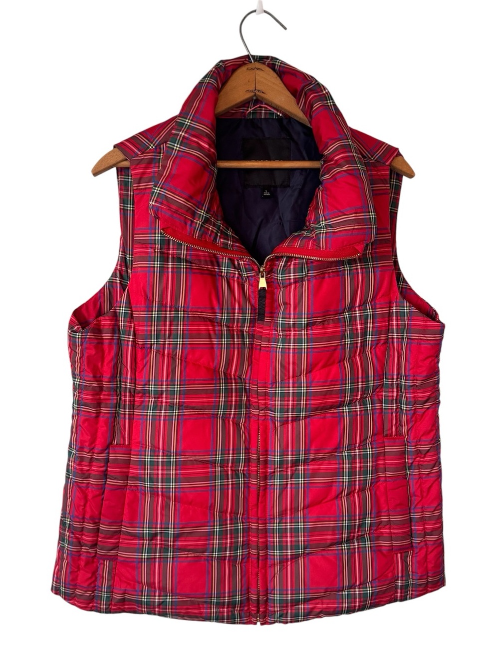 Talbots Celebrate Plaid Down Puffer Vest Red Pop Multi Tartan Preppy
